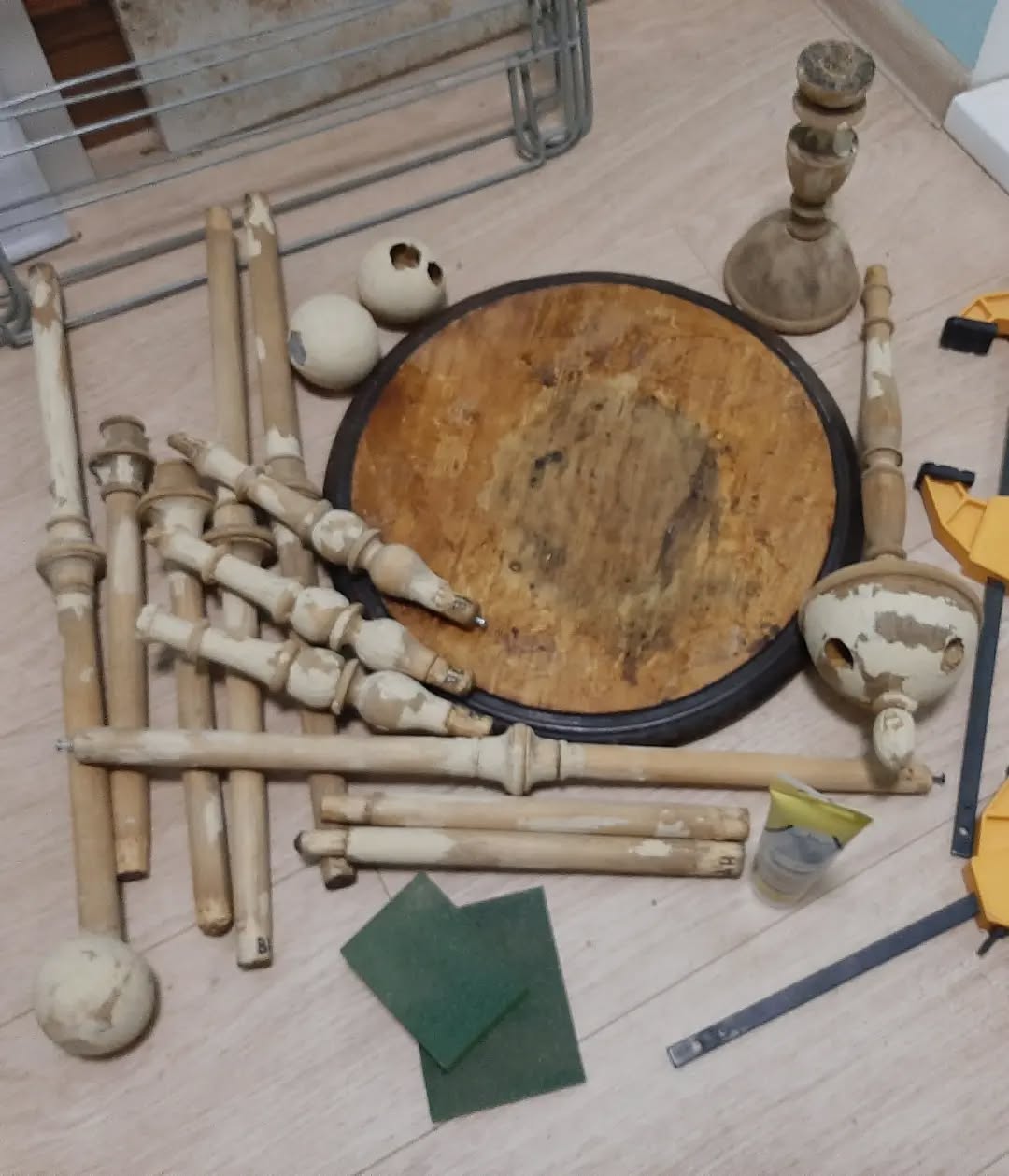 Disassembled table during repair process