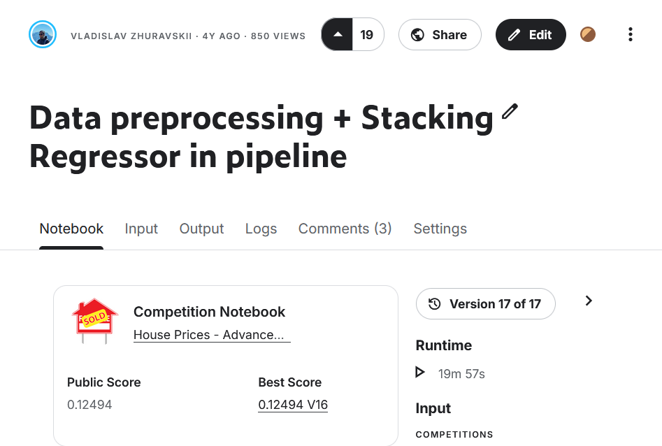 Kaggle notebook showcasing data preprocessing and model training