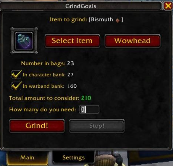 Main interface of Grind Goals addon showing item tracking