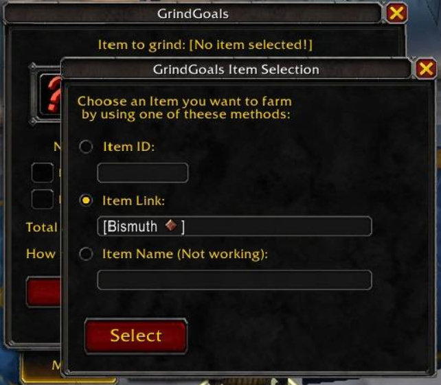 Grind Goals addon interface for selecting items to track