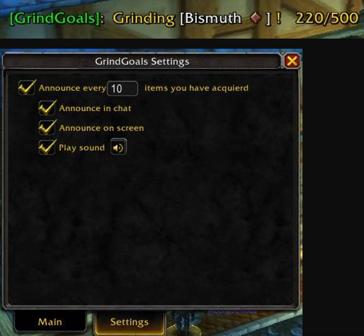 Settings menu of Grind Goals addon