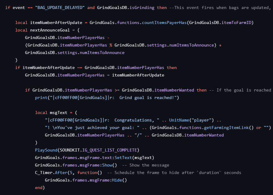 Snippet of Lua code for Grind Goals addon interacting with WoW API